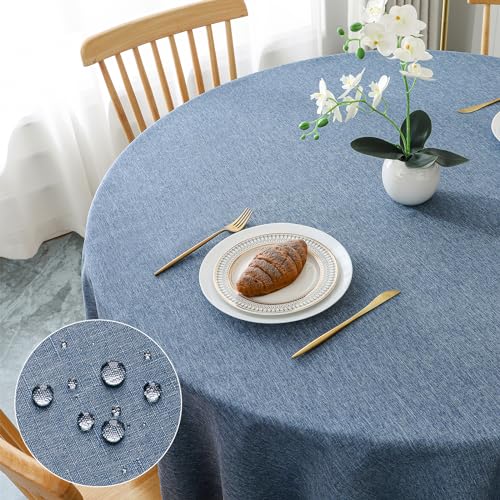 AooHome Tischdecke Rund Φ100cm, Blau Leinen-Optik Tischdecken Abwaschbar Tischtuch aus Polyester Wasserabweisend mit Lotuseffekt, Dauerhaft Kratzfest für Wohnzimmer, Esszimmer, Balkon, Garten von AooHome