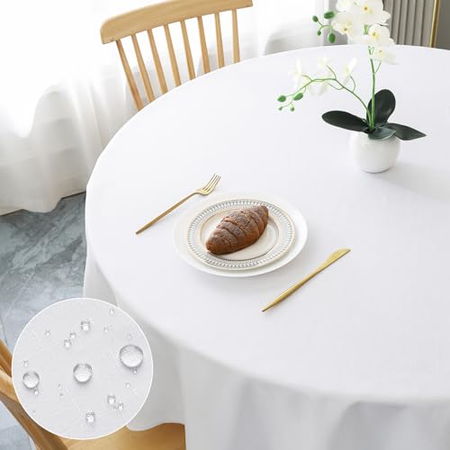 AooHome Tischdecke Rund Φ120cm, Weiß Leinen-Optik Tischdecken Abwaschbar Tischtuch aus Polyester Wasserabweisend mit Lotuseffekt, Dauerhaft Kratzfest für Wohnzimmer, Esszimmer, Balkon, Garten von AooHome