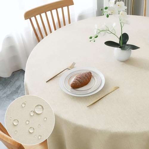 AooHome Tischdecke Rund Φ160cm, Beige Leinen-Optik Tischdecken Abwaschbar Tischtuch aus Polyester Wasserabweisend mit Lotuseffekt, Dauerhaft Kratzfest für Wohnzimmer, Esszimmer, Balkon, Garten von AooHome