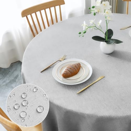 AooHome Tischdecke Rund Φ160cm, Hellgrau Leinen-Optik Tischdecken Abwaschbar Tischtuch aus Polyester Wasserabweisend mit Lotuseffekt, Dauerhaft Kratzfest für Wohnzimmer, Esszimmer, Balkon, Garten von AooHome