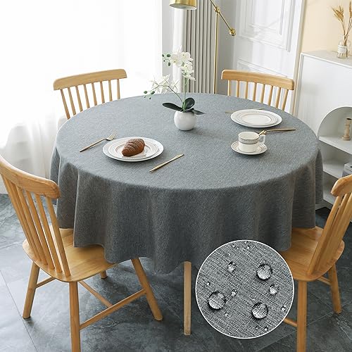 AooHome Tischdecke Rund Φ180cm, Grau Tischdecken Abwaschbar Leinen-Optik Tischtuch aus Polyester Wasserabweisend mit Lotuseffekt, Dauerhaft Kratzfest für Wohnzimmer, Esszimmer, Balkon, Garten von AooHome