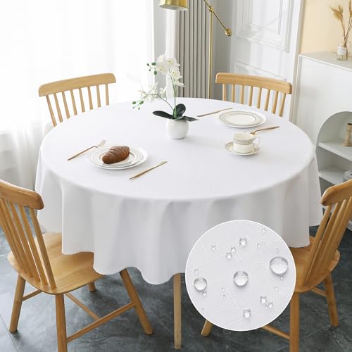 AooHome Tischdecke Rund Φ180cm, Weiß Leinen-Optik Tischdecken Abwaschbar Tischtuch aus Polyester Wasserabweisend mit Lotuseffekt, Dauerhaft Kratzfest für Wohnzimmer, Esszimmer, Balkon, Garten von AooHome