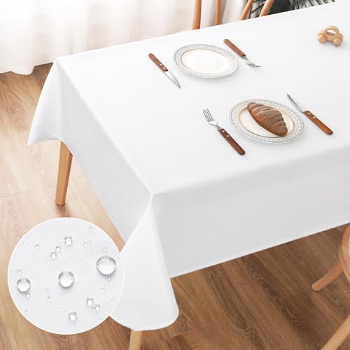 AooHome Tischdecke Abwaschbar Weiß, 135x180cm Tischdecken Leinen-Optik Tischtuch aus Polyester Wasserabweisend mit Lotuseffekt, Dauerhaft Kratzfest für Wohnzimmer, Esszimmer, Balkon, Garten von AooHome