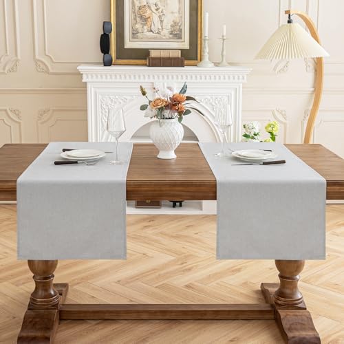 AooHome Tischläufer Hellgrau 40X140cm(2 Stück), Tischdeko Leinen-Optik Abwaschbar Tischband aus Polyester Wasserabweisend mit Lotuseffekt, Dauerhaft Kratzfest für Esszimmer Party Weihnachten von AooHome