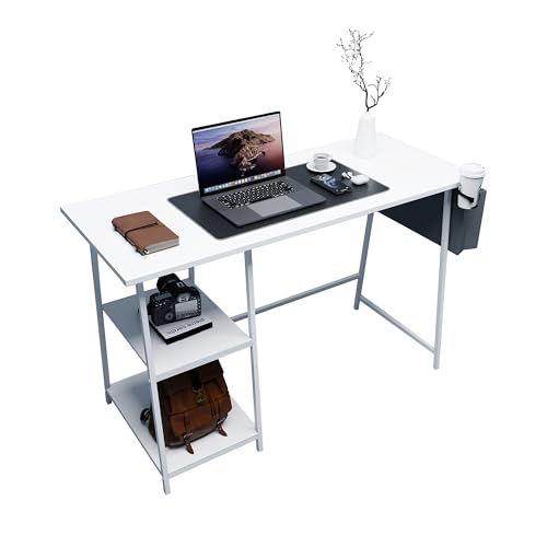Weißer kleiner Schreibtisch mit zwei Ebenen Stauraum, 114,7 cm Computertisch für kleinen Raum, Heimbüro, moderner einfacher Arbeitsschreibtisch, PC-Schreibtische von Aopark