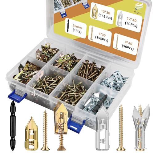 1 Set (410 Stück) selbstbohrende Gipskarton-Wandanker-Schrauben-Set, 4 Größen von farbigen Zink- und Weißzink-Dehnschrauben-Kombinationen, schlagen und bohren Sie in die Wand, mit einer Traglast bis von Aopin