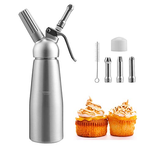 Aopunly Sahnespender Sahnesyphon Aluminium, 0,5 L Schlagsahnebereiter mit 3 Edelstahl Deko-Düsen und 1 Reinigungbürste, Profi Schlagsahne Dispenser für Desserts Gebäck Sahne, Soßen und mehr von Aopunly