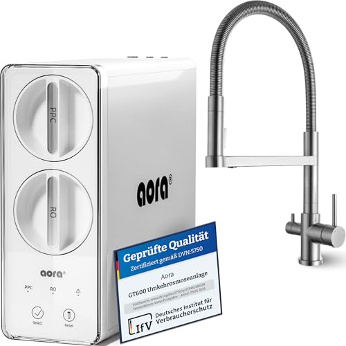 aora GT600 Umkehrosmoseanlage + 3-Wege-Edelstahl-Armatur OHNE bohren – Osmose Wasserfilter mit 8-Stufen-Filtration & Filterwechsel in 3 Sek. – Osmoseanlage Untertisch + tanklosem RO System - Alba von Aora