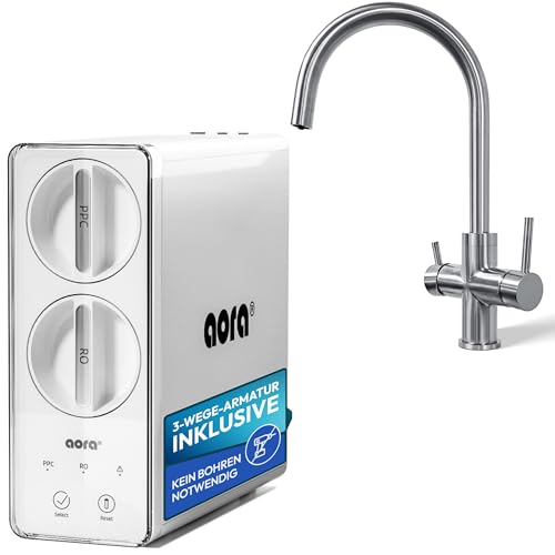 aora GT600 Umkehrosmoseanlage + 3-Wege-Edelstahl-Armatur OHNE bohren – Osmose Wasserfilter mit 8-Stufen-Filtration & Filterwechsel in 3 Sek. – Osmoseanlage Untertisch + tanklosem RO System - Giulia-C von Aora