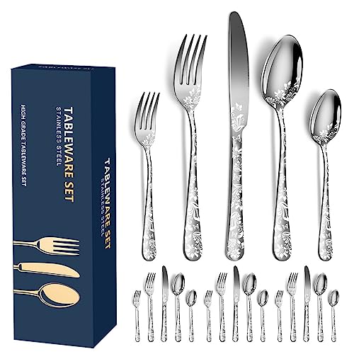 Aoresac Besteck-Set für 4 Personen, 20 Stück, aus Edelstahl, poliertes Muster, mit Blumenspiegel, inklusive Messer, Gabel für Küche, Restaurant, Party von Aoresac