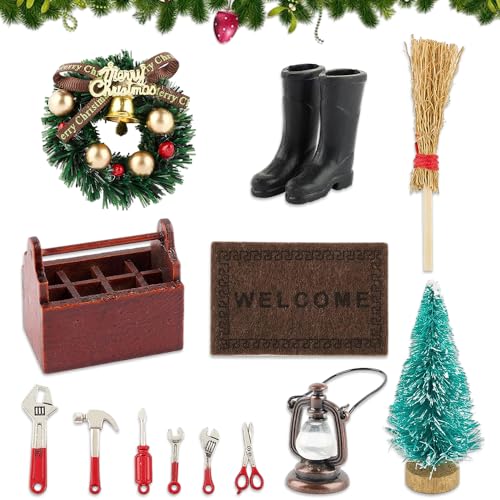 Aoreun 13 Stück Wichteltür Weihnachten Set, Zubehör Weihnachten Feentür mit Werkzeugkasten und 6 Pcs Werkzeug, Weihnachtsbaum,Fußmatte,Laterne,Kranz,Stiefel,Besen, Miniatur Wichteltür Komplettset von Aoreun