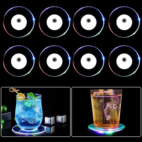 Aoreun 8 Stück Bunt LED Untersetzer, ON/Off Taste Getränke Untersetzer und Wasserdicht Acryl-quadratischen Untersetzern ür Gläser Flaschen Partys Hochzeiten Bar Weihnachten von Aoreun