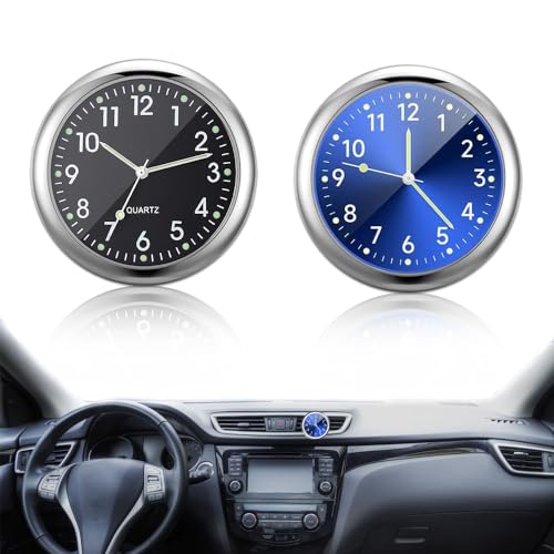 Aoreun Car Clock, 2 Stücke Mini Auto Armaturenbrett Uhr Stick on Dashboard Quarzuhr Mit Doppelseitigem Aufkleber und Lüftungsclip für Auto Innendekoration kleine Wanduhr Home Decor (Blau + Schwarz) von Aoreun