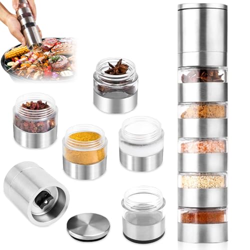 Aoreun Reise Gewürz Set, 5 in 1 Gewürzstreuer mit Gewürzmühle, Edelstahl Tragbare Gewürzstreuer Mini Gewürzgläser Set mit Deckel, Mini Salzstreuer Gewürzdosen für Reisen Picknick BBQ Steak Aoreun Reise Gewürz Set, 5 in 1 Gewürzstreuer mit Gewürzmühle, Edelstahl Tragbare Gewürzstreuer Mini Gewürzgläser Set mit Deckel, Mini Salzstreuer Gewürzdosen für Reisen Picknick BBQ Steak von Aoreun
