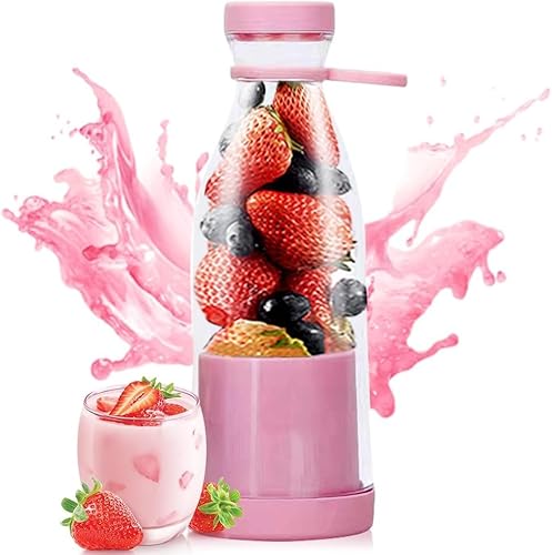 Aoreun Tragbarer Smoothie Mixer, 380ml Tragbarer Mixer, Wiederaufladbarer USB Smoothie Mixer, Mini-Mixer mit 6 Klingen, USB-aufladbarer Entsafter für Frucht-Smoothies, Saft und Shakes - Rosa von Aoreun