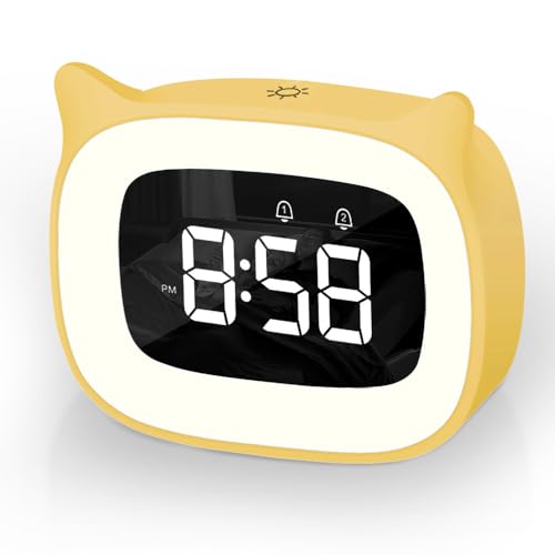 Aoreun Wecker Digital Kinder, Dual-Wecker mit Licht, Cute Katzen Kinderwecker Nachttischlampe Snooze Funktion, 18 Musik, 5 Helligkeitsmodus, Zeitgesteuertes Nachtlicht - Gelb von Aoreun