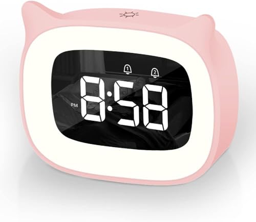 Aoreun Wecker Digital Kinder, Dual-Wecker mit licht Digital, Cute Katzen Kinderwecker Nachttischlampe Snooze Funktion 18 Musik 5 Helligkeitsmodus, zeitgesteuertes Nachtlicht wecker - Rosa von Aoreun