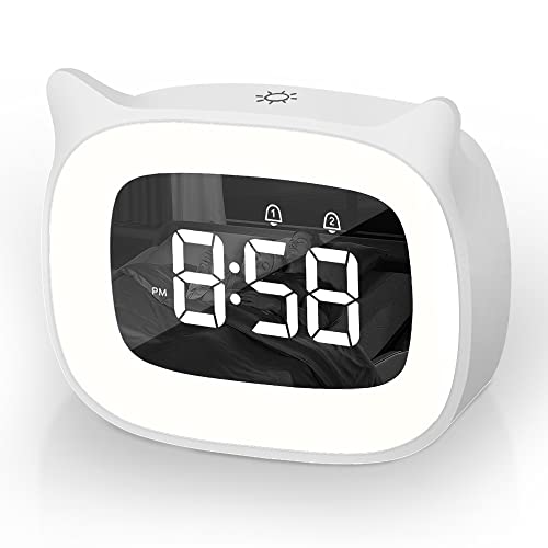Aoreun Wecker Digital Kinder, Dual-Wecker mit licht Digital, Cute Katzen Kinderwecker Nachttischlampe Snooze Funktion 18 Musik 5 Helligkeitsmodus, zeitgesteuertes Nachtlicht wecker - Weiß von Aoreun