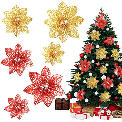 24 Stück 3 Größe Weihnachten Glitzer Weihnachtsstern Blumen Hochzeit Kunstblumen Gold Rot Weihnachten Dekoration Ornamente für Weihnachtsbaum Neujahr Outdoor Deko (Aushöhlen mit Glitzer) von Aoriher