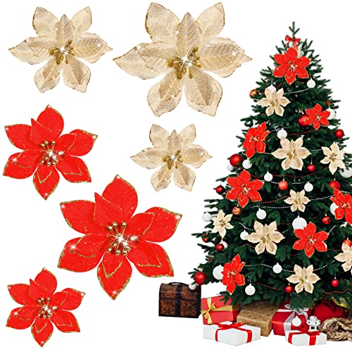 Aoriher 24 Stück 3 Größe Weihnachten Glitzer Weihnachtsstern Blumen Hochzeit Kunstblumen Gold Rot Weihnachten Dekoration Ornamente für Weihnachtsbaum Neujahr Outdoor Deko (Goldkante mit Glitzer) von Aoriher