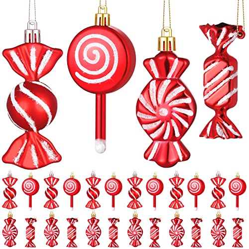 24 Stück Weihnachten Süßigkeiten Lutscher Ornament Set Lebhaft Rot Weißes Zuckerstangen Ornament Weihnachten Hängendes Lutscher Muster Dekoration mit Seil für Weihnachten (Lebendiger Stil) von Aoriher