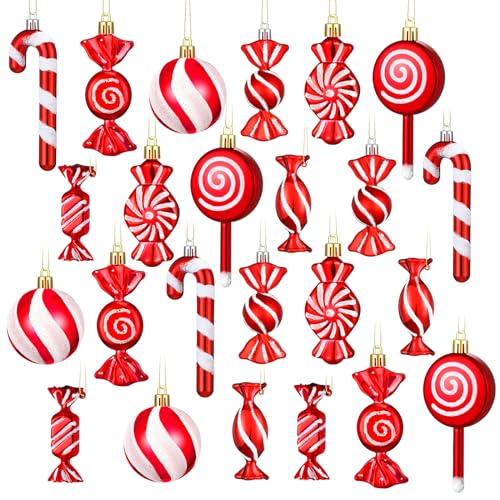 24 Stück Weihnachten Süßigkeiten Lutscher Ornament Set Lebhaft Rot Weißes Zuckerstangen Ornament Weihnachten Hängendes Lutscher Muster Dekoration mit Seil für Weihnachten (Lebhafter Stil) von Aoriher