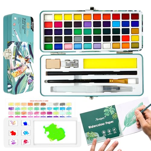Aoriyar Aquarellfarben Set Wasserfarben 50 Farben - Metallic Aquarellkasten Gouache Malkasten mit Pinsel Palette Malen Aquarellpapier Stifte Aquarellfarbkasten Mini für Kinder Erwachsene Künstler von Aoriyar