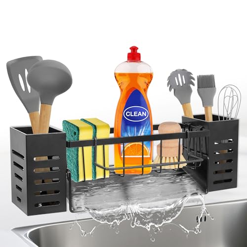 KüChen SpüLbecken Organizer Schwarz Aufbewahrung - Edelstahl Waschbecken Ablage KüChe Schmal SpüLe Ohne Bohren Spuelbecken Wand Schwammhalter mit 2 Korb HäNgend SpüLmittel und Halterung Lappen Holder von Aoriyar