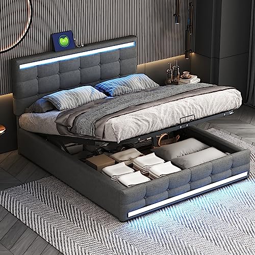 Aoskem Polsterbett 140x200 Doppelbett LED-Bett mit Stauraum, LED-Kopfteil mit USB-Ladestation, Bettgestell mit Lattenrost, Stauraumbett Jugendbett Rückenlehne Flachbett, Ohne Matratze, Leinen (Grau) von Aoskem