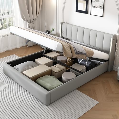Aoskem Polsterbett Bett 140x200 Doppelbett mit Stauraum, Verstellbares Kopfteil mit LED-Beleuchtung&USB-Buchse, Stauraumbett Bettgestell mit Lattenrost, Rückenlehne Jugendbett, Ohne Matratze, PU Grau von Aoskem