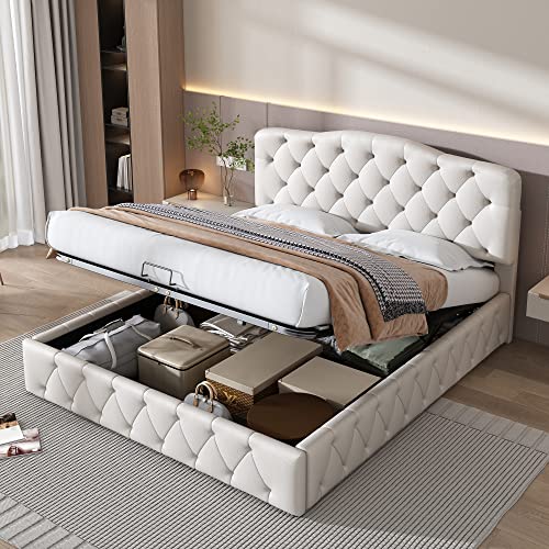Aoskem Polsterbett Bett 140x200 cm Doppelbett mit Stauraum Underbett, Kopfteil Höhenverstellbar, Stauraumbett Bettgestell mit Lattenrost, Rückenlehne Bett Jugendbett Flachbett, Ohne Matratze, PU Weiß von Aoskem