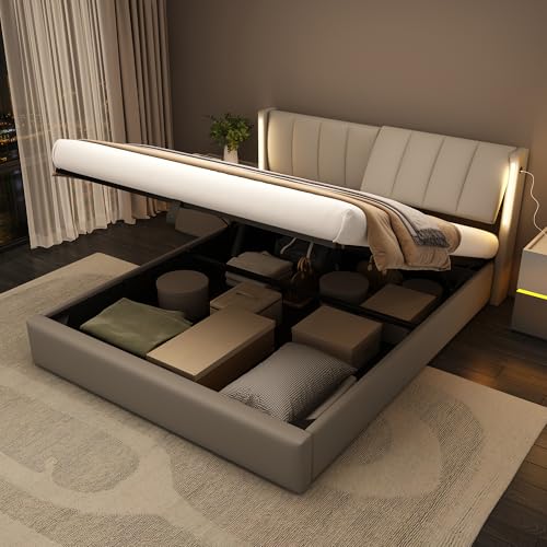 Aoskem Polsterbett Bett 180x200 Doppelbett mit Stauraum, Verstellbares Kopfteil mit LED-Beleuchtung&USB-Buchse, Stauraumbett Bettgestell mit Lattenrost, Rückenlehne Jugendbett, Ohne Matratze, PU Grau von Aoskem
