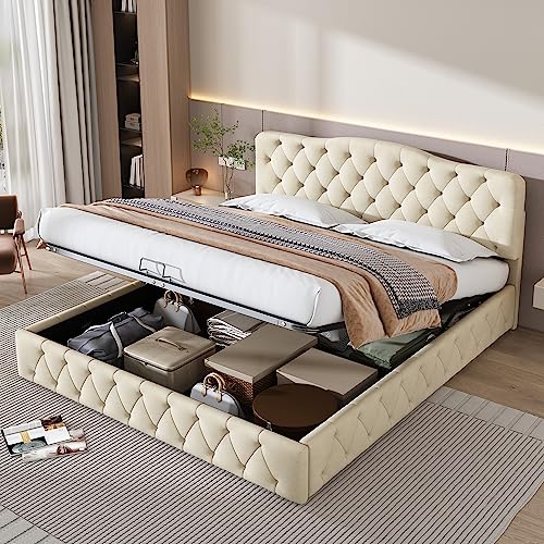 Aoskem Polsterbett Bett 180x200 Doppelbett mit Stauraum Underbett, Kopfteil Höhenverstellbar, Stauraumbett Bettgestell mit Lattenrost, Rückenlehne Bett Jugendbett Flachbett, Ohne Matratze, Samt Beige von Aoskem