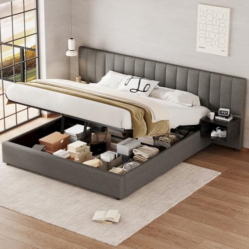 Aoskem Polsterbett Bett 180x200 cm Doppelbett mit Stauraum, Extrabreiter Kopfteil mit 2 Nachttischen, Stauraumbett Bettgestell mit Lattenrost, Jugendbett Rückenlehne Bett, Ohne Matratze, Leinen Grau von Aoskem