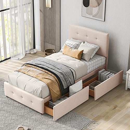 Aoskem Polsterbett Bett 90x200 Einzelbett Kinderbett mit Kopfteil & Stauraum 2 Schubladen, Bettgestell mit Lattenrost, Jugendbett Flachbett Rückenlehne Bett Gästebett, Ohne Matratze Samt (Dunkelbeige) von Aoskem