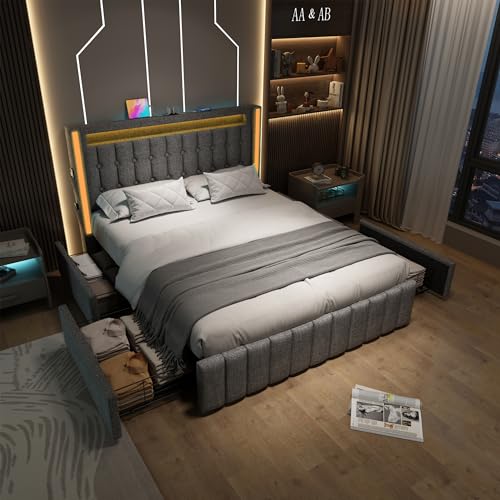 Aoskem Polsterbett Doppelbett 140x200 mit 4 Stauraum Schubladen, LED-Kopfteil mit USB/TypC-Ladefunktion, Stauraumbett Bettgestell mit Lattenrost, Jugendbett Funktionsbett, Ohne Matratze, Leinen Grau von Aoskem