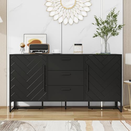 Aoskem Sideboard Kommode mit Stauraum 2 Türen und 3 Schubladen, 145x40x75cm Buffetschrank Küchenschrank Komodenschrank Schließfach Wohnzimmer Möbel Standschrank Anrichte Hochschrank Esszimmer Schwarz von Aoskem