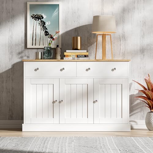 Aoskem Sideboard Weiß Kommode mit Stauraum 2 Schubladen & 3 Türen, Sideboard Wohnzimmer, 120x36x80cm, Buffetschrank Küchenschrank Schließfach Standschrank Anrichte Schrank Schlafzimmer, Weiß+Holzfarbe von Aoskem