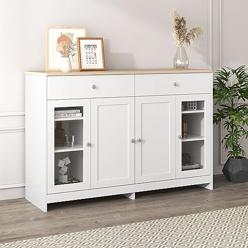 Aoskem Sideboard Weiß Kommode mit Stauraum 2 Schubladen und 4 Türen, Sideboard Wohnzimmer, 120x37x80cm Buffetschrank Küchenschrank Schließfach Standschrank Anrichte Schlafzimmer, Weiß+Helleholzfarbe von Aoskem