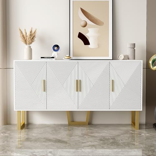 Aoskem Sideboard Weiss Kommode mit Stauraum 4 Strukturierten Türen, 150x40x82cm Buffetschrank Küchenschrank Komodenschrank Schließfach Wohnzimmer Möbel Standschrank Anrichte Hochschrank Esszimmer Weiß von Aoskem