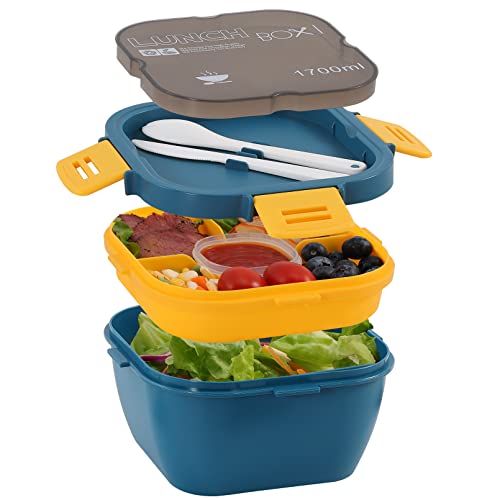 Aosmeol Salatbehälter mit 3 Fächer,Auslaufsicher Lunchbox Salatbox,Salat Box to Go Brotzeitbox für Kinder Erwachsene,Bento Box mit Gabel & Messer für Schule Picknick Arbeit Reisen,1700ml (Blau) von Aosmeol