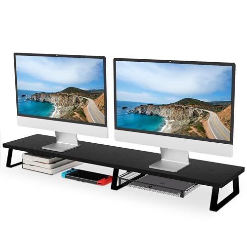 Aothia Großer Monitorständer mit Schublade,Wooden Dual Monitor Stand Riser,Bildschirmerhöhung,für Laptop/Computer/PC/TV, Schreibtischaufsatz mit Stauraum für Haushalt und Büro,Schwarz von Aothia