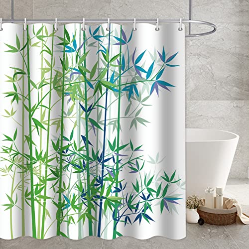 Aotiwe Duschvorhang für Badewanne, Duschvorhang 90X180 Waschbar Duschvorhang Textil Blätter Bambus Blau Grün mit Duschvorhängeringen von Aotiwe