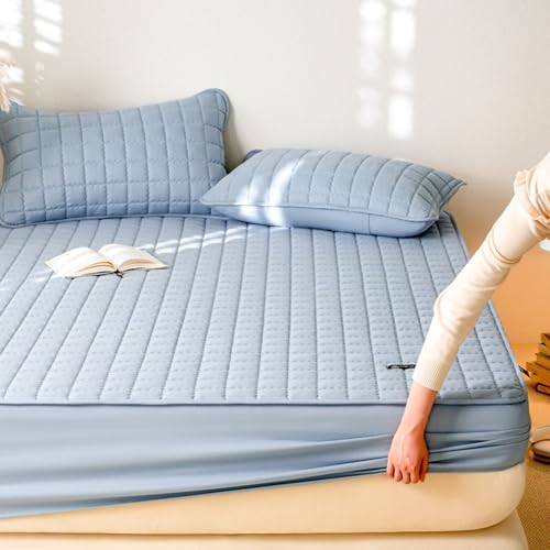 Aotiwe Fitted Sheet Topper, Kneer Spannbettlaken Blau Unifarben mit Gestickter Spitze Polyester Baumwolle mit 2 Kissenbezügen 120x200cm von Aotiwe