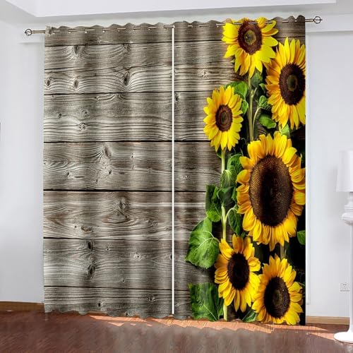 Aotiwe Schrank Vorhang Boho, Vorhang Boho Style Blickdicht Hellbraun Gelb Grün Holzbrett und Sonnenblumenmuster Polyester 2er Set 192x160cm von Aotiwe