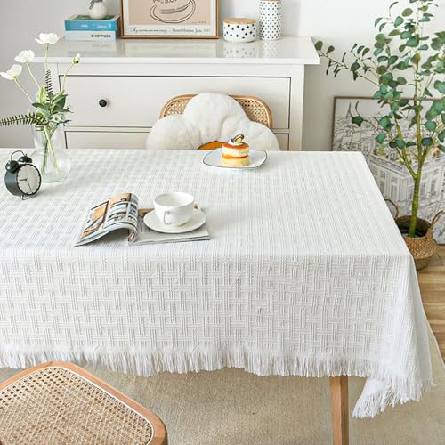 Aotiwe Tischtücher Weiß, Tischdecke Eckig Geflochtenes Karomuster mit Quasten Tuch 90x90cm von Aotiwe