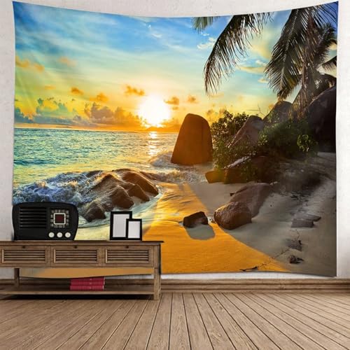 Aotiwe Wall Tapestry, Wandteppiche Sonnenuntergang Strand Felslandschaft Blau Orange Braun Tapestry Aesthetic 240x220cm von Aotiwe