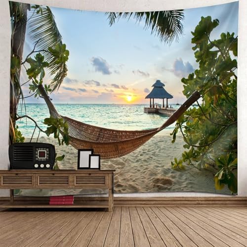 Aotiwe Wandteppich Zum Aufhängen, Wandbehang Deko Hängesessellandschaft am Meer Bei Sonnenuntergang Blau Grün Braun Wandbehang Schlafzimmer 210x140cm von Aotiwe