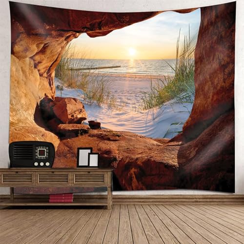 Aotiwe Wandteppich Vintage, Wandtuch Meer und Strand Sonnenuntergang in der Höhle Blau Wandteppich Boho 300 Wohnkultur für Schlafzimmer Wohnheim College 300x260cm von Aotiwe