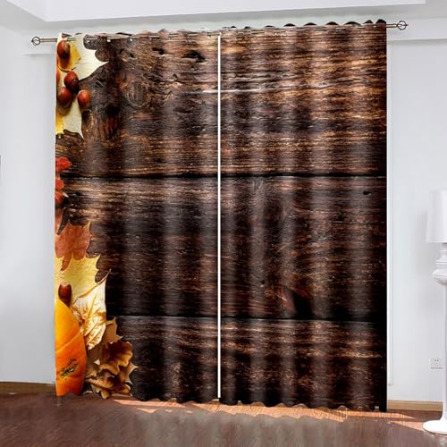 Fenstergardinen Modern, Gardine Landhausstil Dunkelbraun Holzbrett und Ahornblatt Muster Polyester 2er Set 214x214cm von Aotiwe